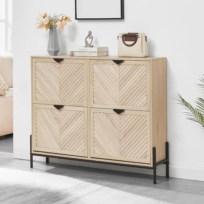 Shoe Cabinet with 4 Flip Drawers, Narrow Entryway Rack, Oak | Slanted Wood Grain by VIPLUMI