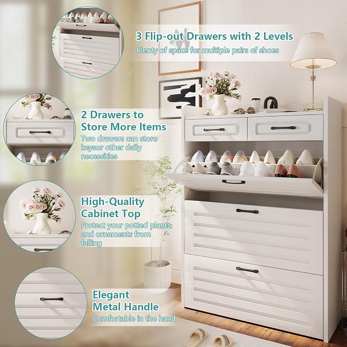 ODUWA Shoe Cabinet with 3 Flip Drawers and 2 Storage Drawers, Shoes Organizer - Image 3