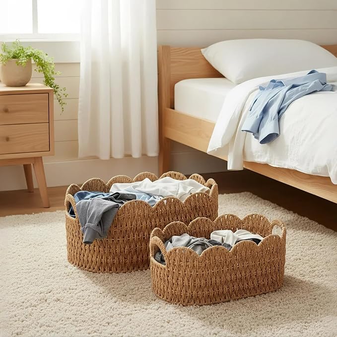 Paper Rope Scalloped Basket Set of 2, Woven Storage Baskets - Image 7