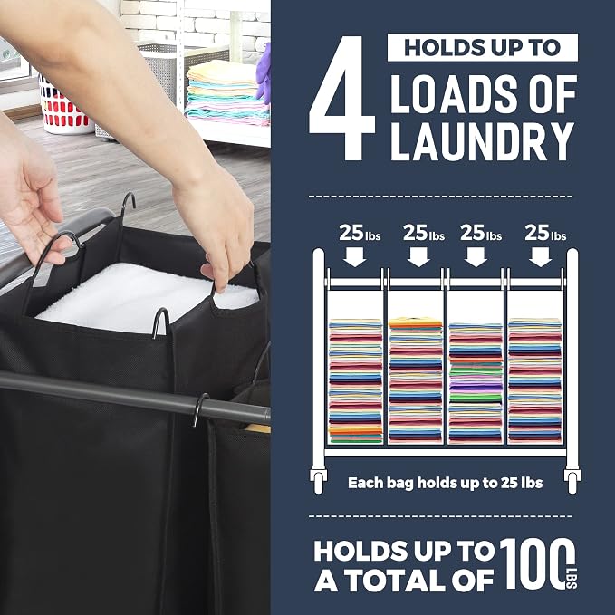 STO STO Laundry Sorter 4 Section, 4 Bag Laundry Hamper, Rolling Laundry Cart - Image 4