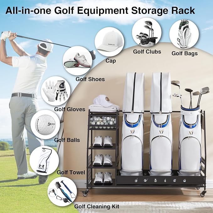 Lauren&Harold Golf Bag Organizer Garage Storage, Golf Storage Rack Stand Fits 2 - Image 6