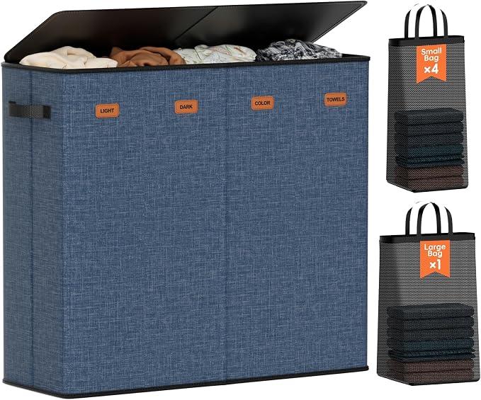 Laundry Hamper 4-Section with Lid, 185L Laundry Sorter with 4 Removable Bags + by Vexalora