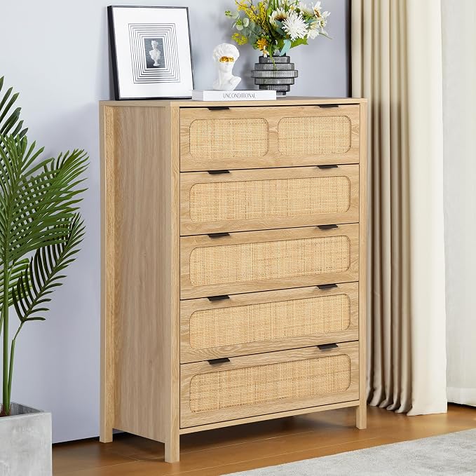 5 Drawer Dresser with Rattan Finish, Modern Farmhouse Chest of Drawers with by YUCHIATHSoulFurniture