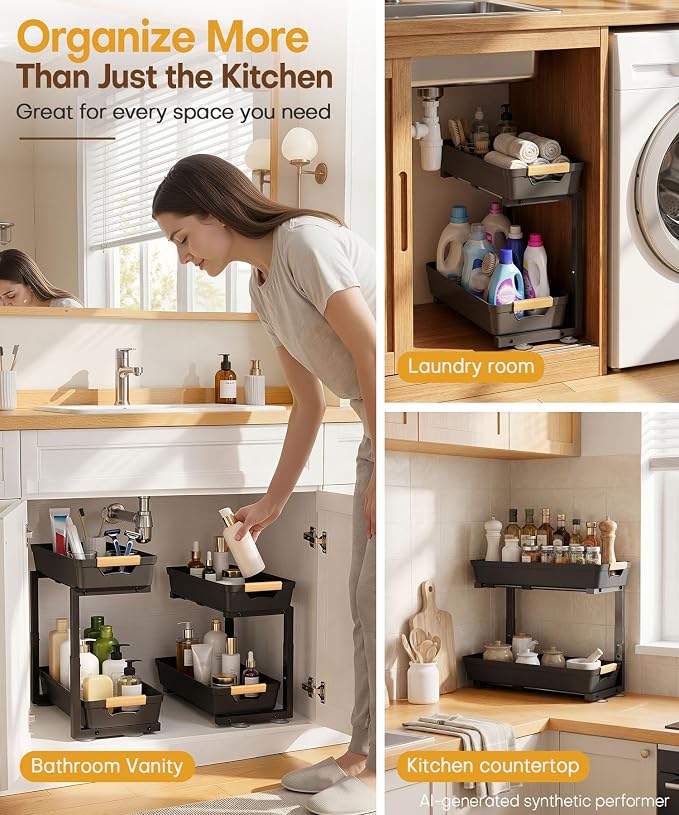 Homde Sliding Under Sink Organizer: 2 Pack 2-Tier Cabinet Shelf - Image 4