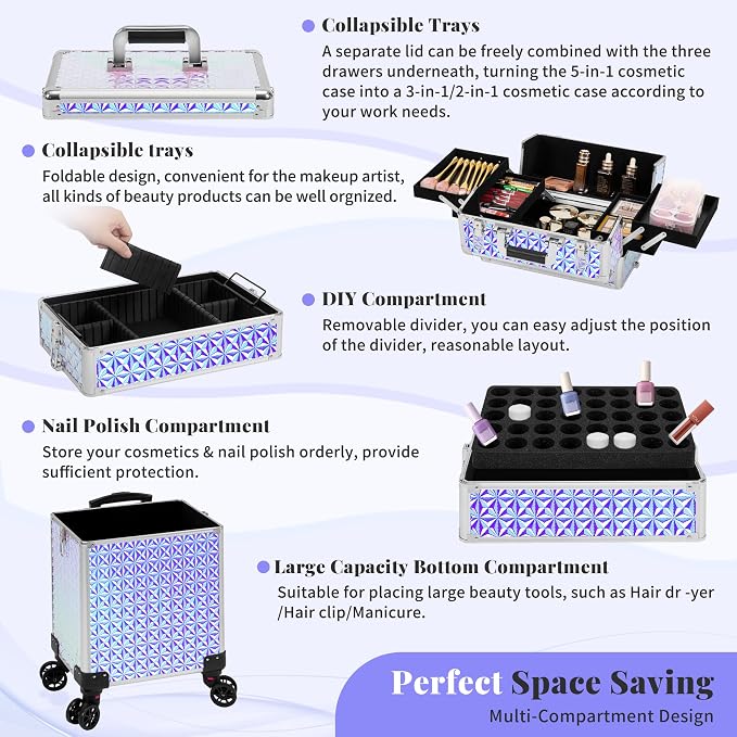 AROUS 5 in 1 Rolling Makeup Train Case Cosmetology Case on Wheels Large - Image 7