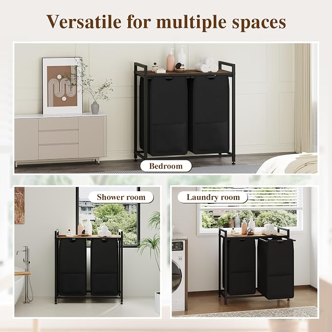 2-Section Laundry Hamper with Shelf, Pull-Out Removable 12.8 gal Bags, Metal - Image 6