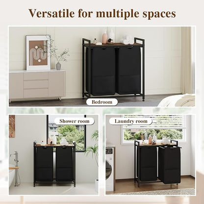 2-Section Laundry Hamper with Shelf, Pull-Out Removable 12.8 gal Bags, Metal - Image 6