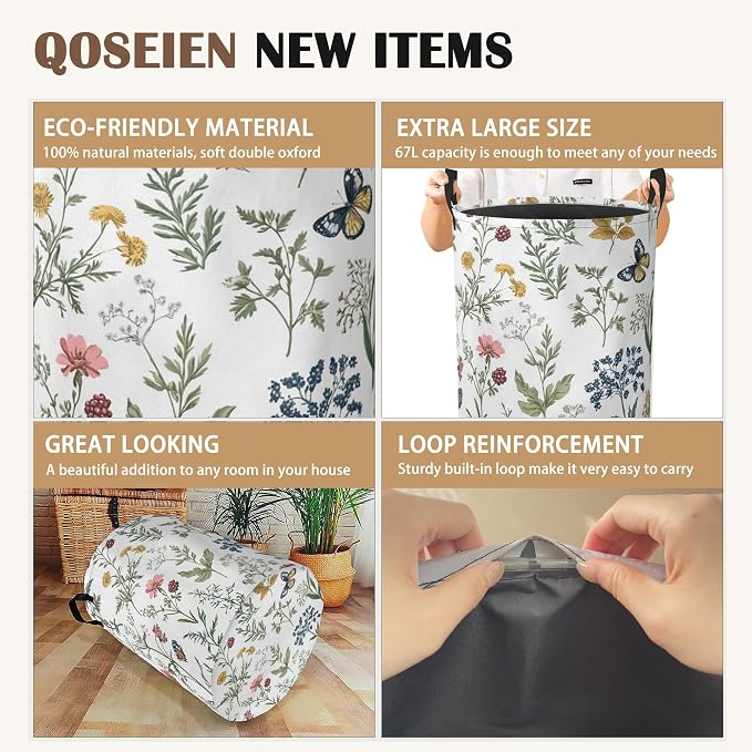 Beautiful Floral Laundry Hamper, Collapsible Laundry Baskets, Flowers Butterfly - Image 2