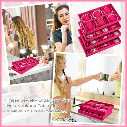 Junkin 12 Pcs Jewelry Tray Velvet Stackable Jewelry Organizer Trays Divided - Image 5