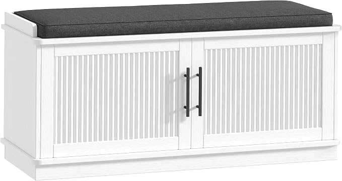 Akxomel 39.4" Fluted Shoe Storage Bench 2 Doors Wooden Entryway Bench White | 2 by Akxomel