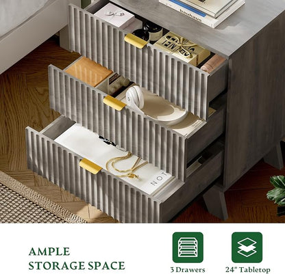 Fluted Nightstand with Charging Station, Modern Wood Side Table Night Stand - Image 5