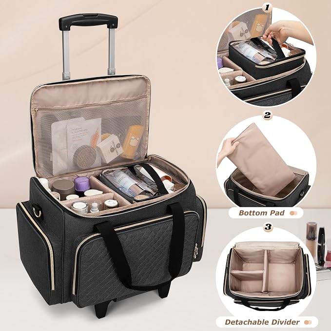 LUXJA Rolling Makeup Case with 3 Removable Pouches and 1 Makeup Brush Bag - Image 2