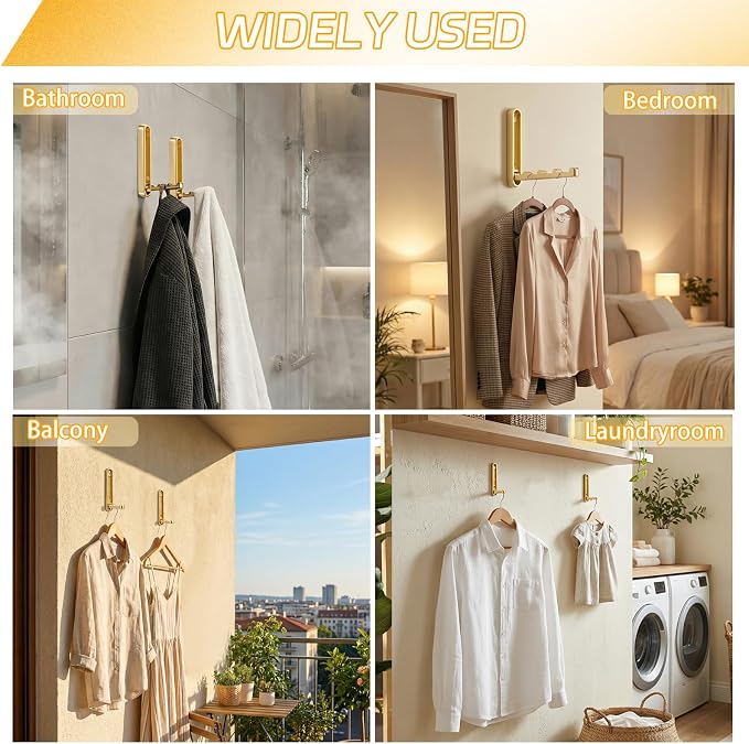 4.33 in Extended Folding Coat Hooks, 2 Pack Gold Wall Hooks, Zinc Alloy | 90° - Image 6