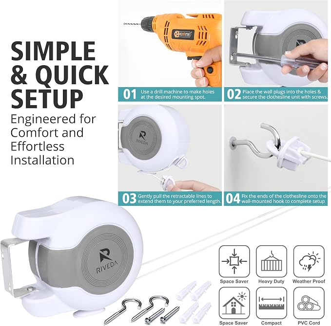 RIVEDA Dual Retractable Clothesline 49 ft Each Line - Image 4