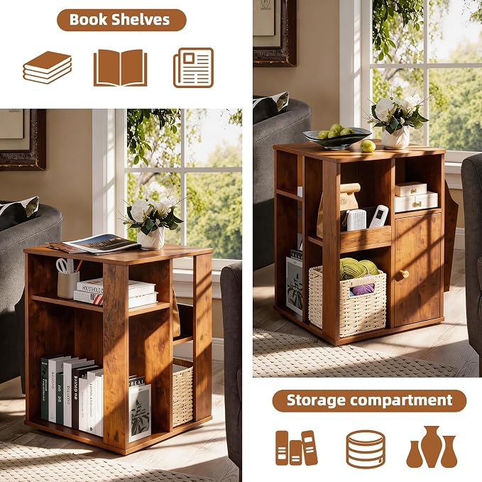 Square Rotating End Table with Storage, Rustic Brown | Side Table with Magazine - Image 7