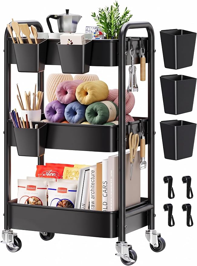 3 Tier Rolling Cart Metal with Wheels, Storage Utility Trolley Carts by Aofure