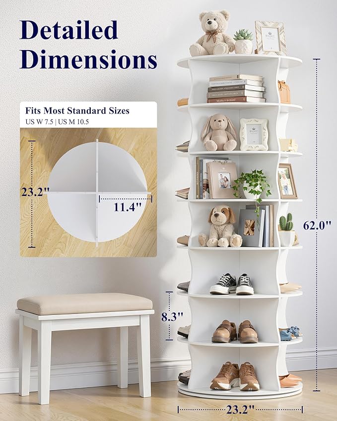 Kitsure Shoe Rack for Ehtryway, 7-Tier Rotating Shoe Rack Tower, 360° Revolving - Image 3