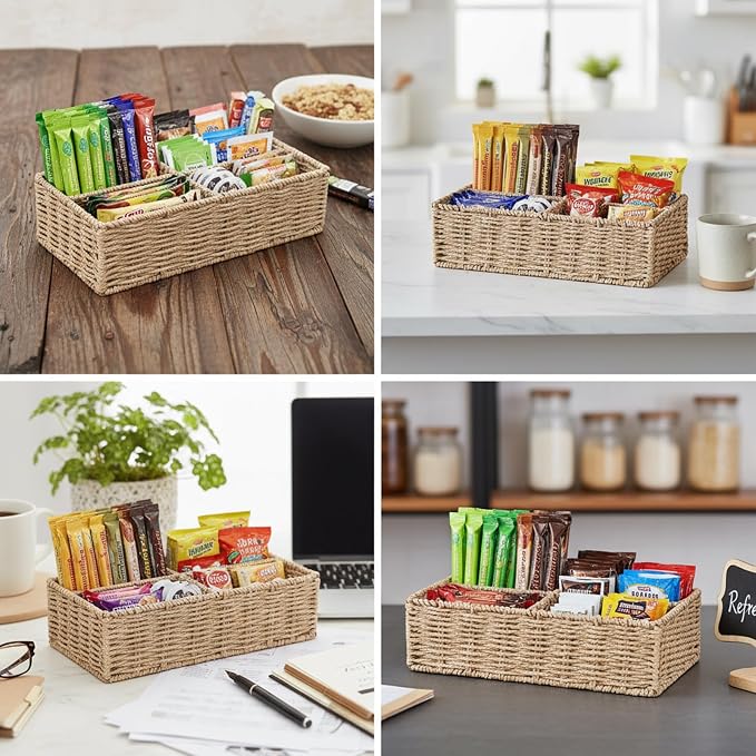 Paper Rope Woven Snack Organizer Basket, 4 Compartment Countertop Storage Bin - Image 2