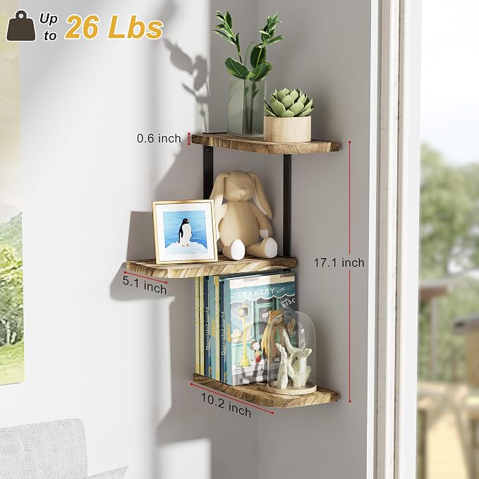 Love-KANKEI Corner Wall Shelf, Solid Wood, Carbonized Black | Easy to Install - Image 3