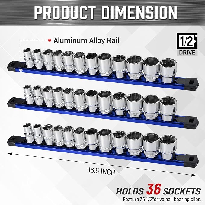 ALOANES 3-Piece Magnetic Socket Organizer, Heavy Duty Aluminum Socket Rails - Image 2