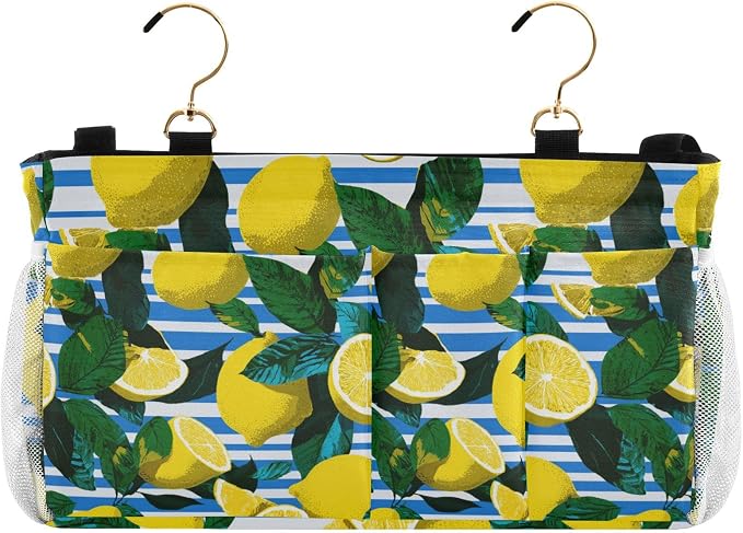 White and Blue Striped Lemons Bedside Caddy by QwThum