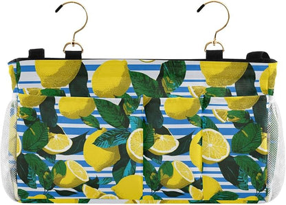 White and Blue Striped Lemons Bedside Caddy by QwThum