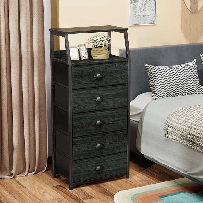 Furnulem Black Dresser for Bedroom, Fabric Dorm Tall Nightstand | 5 Drawers - Image 6