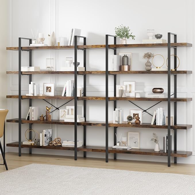 Bookshelf Set of 2, Heavy Duty 5-Tier Industrial Bookcase, 120lbs Shelf Capacity by OtterOasis
