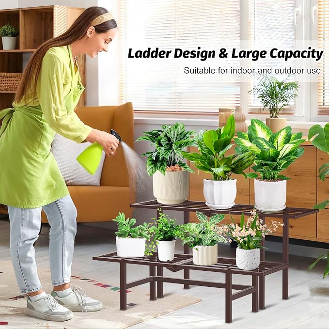 2 Tier Plant Stand Indoor Outdoor, Foldable Metal Separated Ladder Plant Stands - Image 7