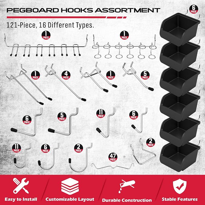 Ultimate 121-Piece Pegboard Hooks Set, Pegboard Accessories - Image 2