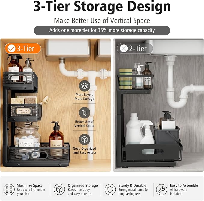 Under Sink Organizer, 3 Tier Pull Out Cabinet Organizer - Image 4