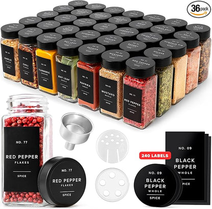 EDELHAUS Glass Spice Jars with Label, Seasoning Set, 36x Black Steel Lids | by EDELHAUS
