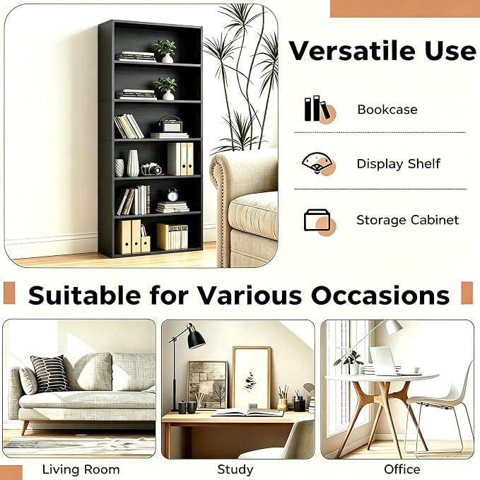 HealSmart 6 Tier Bookcase, Industrial 6 Book Shelf, 9.2" D x 23.8" W x 63" H - Image 6