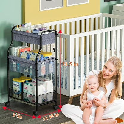 3-Tier Baby Diaper Caddy Organizer and Storage Cart, Mobile Metal Utility Cart - Image 2