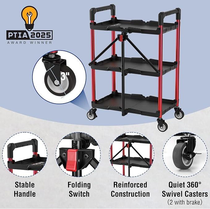 WORKPRO 3-Tier Collapsible Service Cart, 210 LBS Foldable Utility Service Cart - Image 5