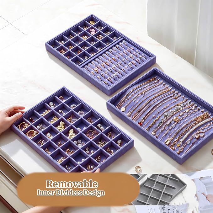 Large Velvet Jewelry Tray 2 Pack Stackable Jewelry Display Drawer Inserts Trays - Image 3