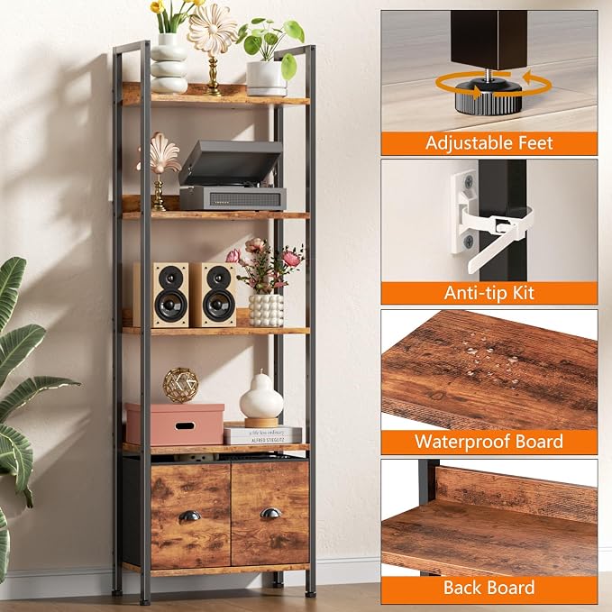 Furologee 5-Tier Bookshelf, Tall Bookcase - Image 6