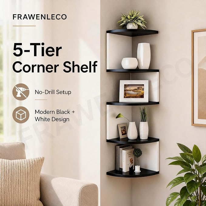 No-Drill Corner Shelf Wall Mount, 5-Tier Floating Corner Bookshelf - Image 2