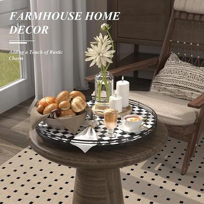 16" Black and White Kitchen Lazy Susan Turntable, Round Checkered Decorative - Image 4