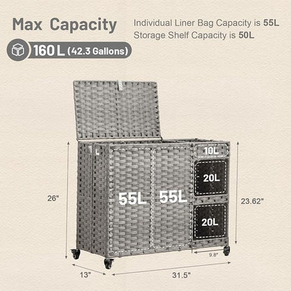 Laundry Hamper with Wheels, 42.3 Gal. Laundry Sorter with Shelves, Rattan - Image 3