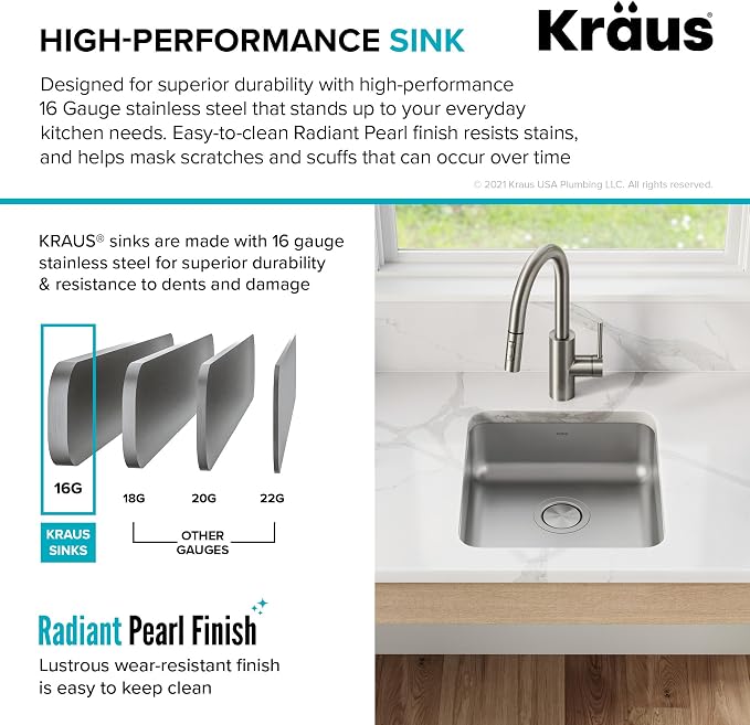 KRAUS Dex 17-inch Undermount 16 Gauge Stainless Steel Single Bowl ADA Kitchen - Image 6