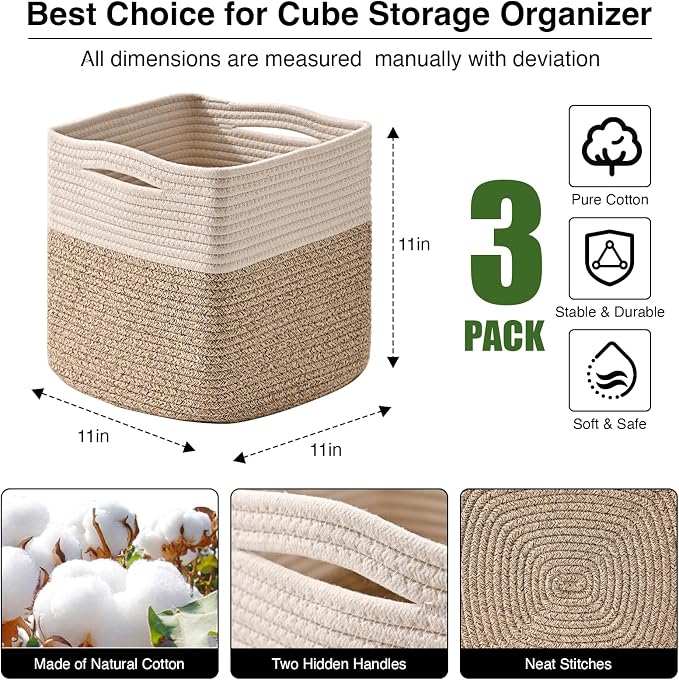 ICERZCZ 11 Inch Cube Storage Bins, Organizer Woven Cotton Rope Square Baskets - Image 3