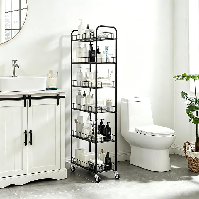 Slim Rolling Storage Cart with Wheels, 10in 6 Tier Black | Narrow Space Rolling - Image 3