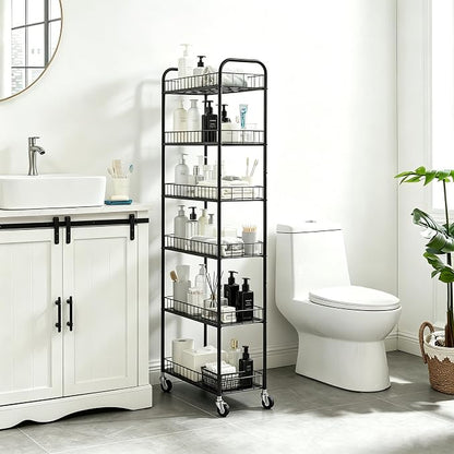 Slim Rolling Storage Cart with Wheels, 10in 6 Tier Black | Narrow Space Rolling - Image 3