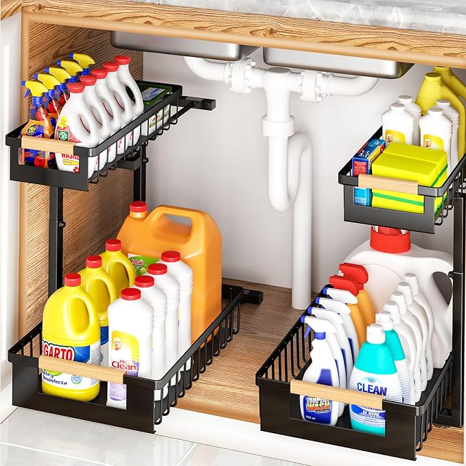 Under Sink Organizers and Storage, 2 Pack L-Shaped Pull Out Cabinet Organizer by GUUKAR