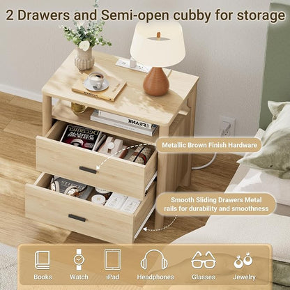 Night Stand with Charging Station, 2 Drawers End Table with Open Shelf - Image 5