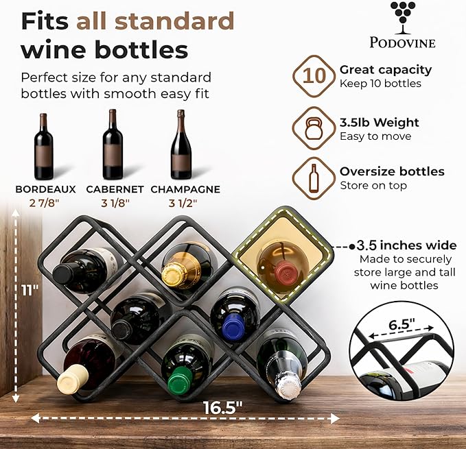 Metal Wine Rack – Matte Black Carbon Steel, 10-Bottle Countertop & Hangable - Image 4