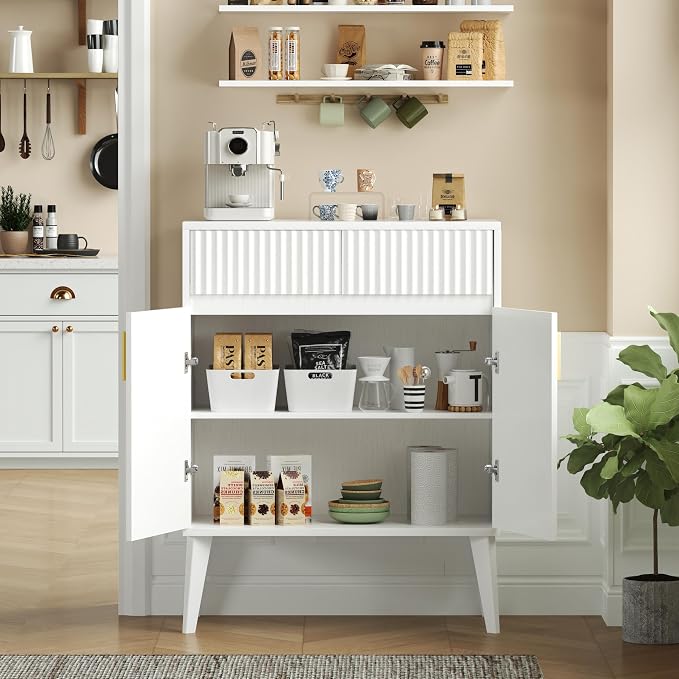 Sideboard Storage Cabinet with 2 Drawers & 2 Doors, Fluted Kitchen Buffet - Image 6