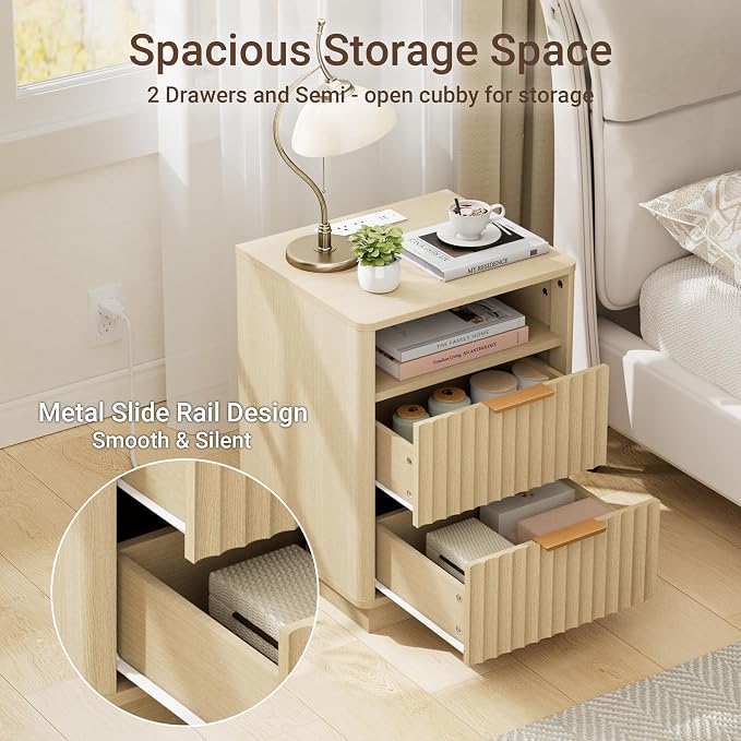 Fluted Nightstand with Charging Station, 2 Drawers End Table with Storage - Image 6