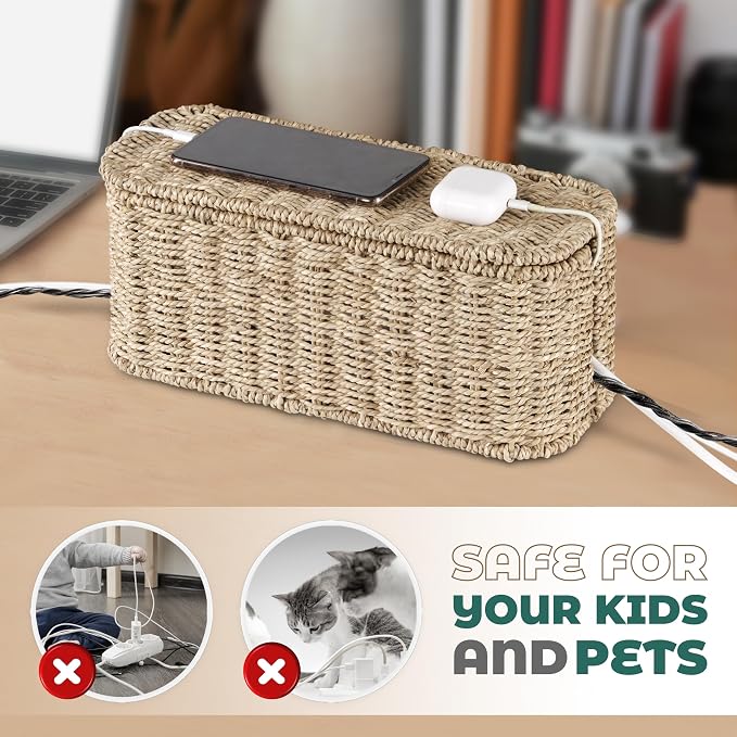 BLUEWEST Large Cable Management Box, Natural Rattan Cable Cord Organizer Boxes - Image 5